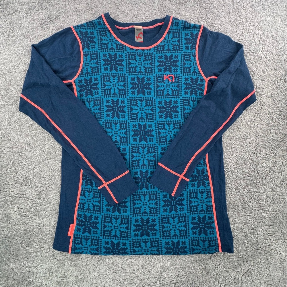 Kari Traa Rose Merino Wool Blend Base Layer Top Navy Teal Nordic XL PINHOLE